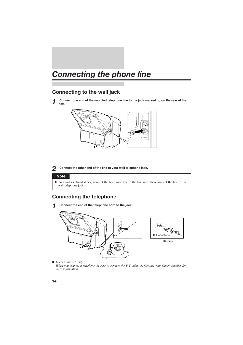 Connecting the phone line, Connecting to the wall jack, Connecting the telephone | Canon B150 User Manual | Page 26 / 138