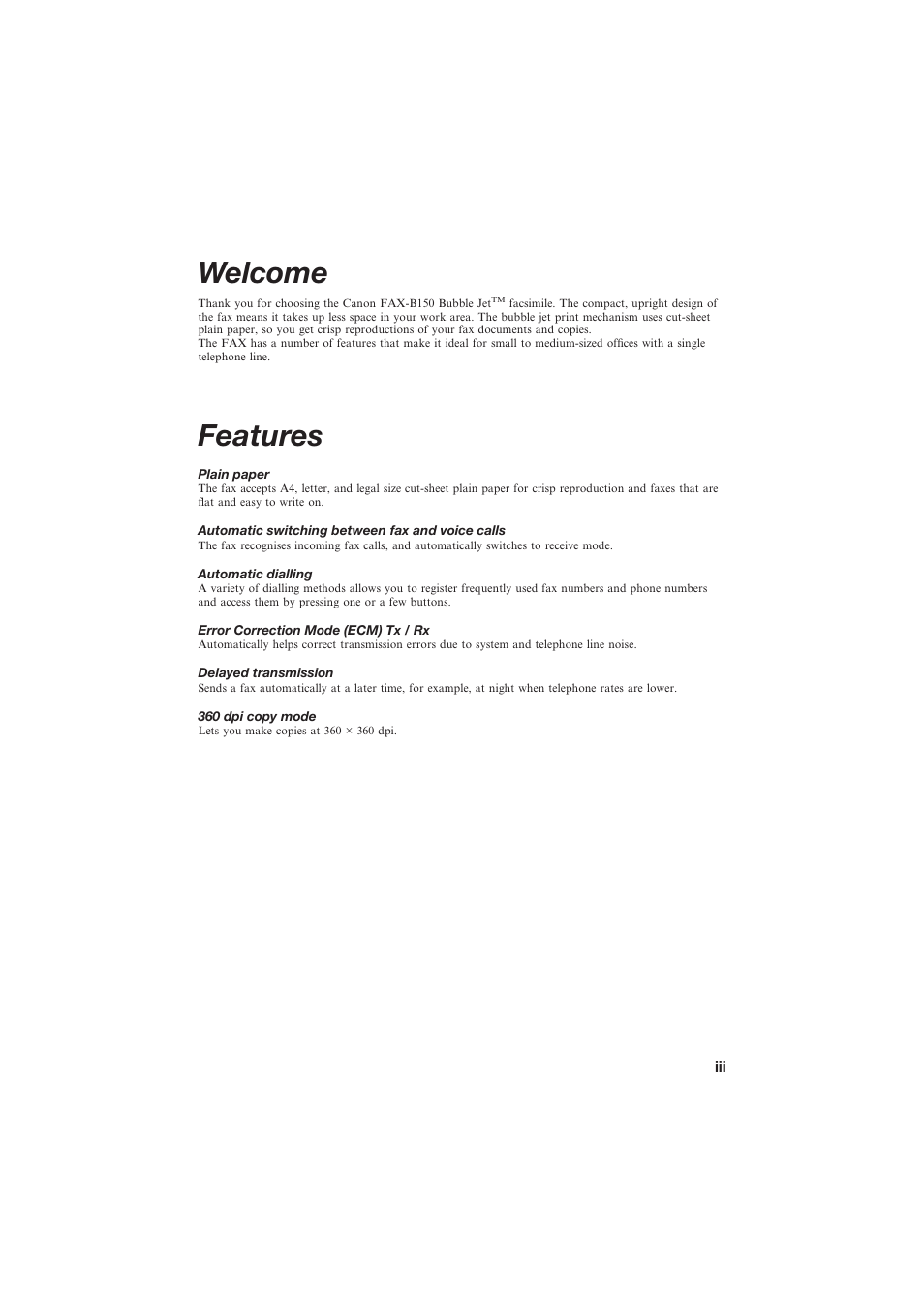 Welcome, Features | Canon B150 User Manual | Page 3 / 138