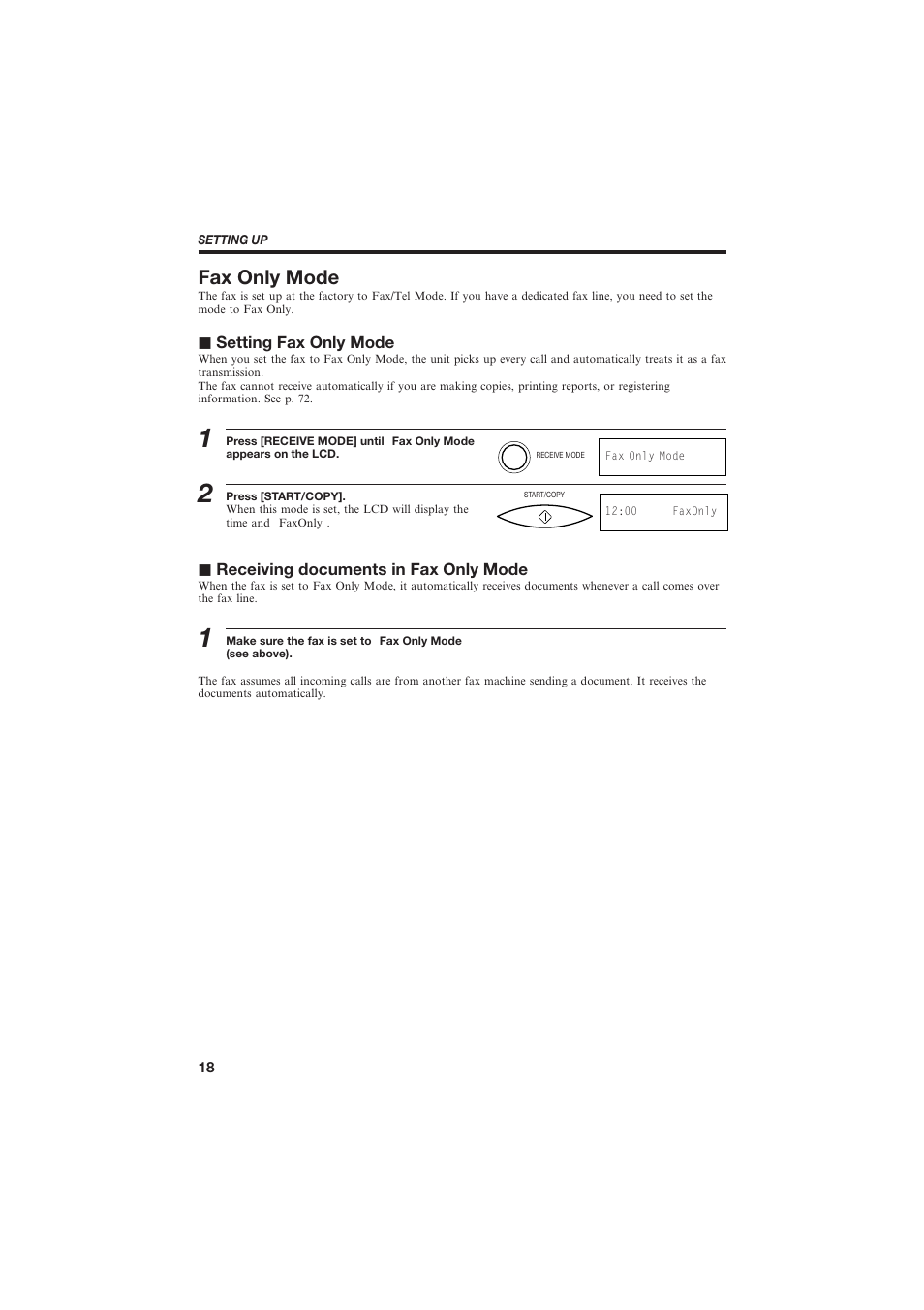 Fax only mode, J setting fax only mode, J receiving documents in fax only mode | Canon B150 User Manual | Page 30 / 138