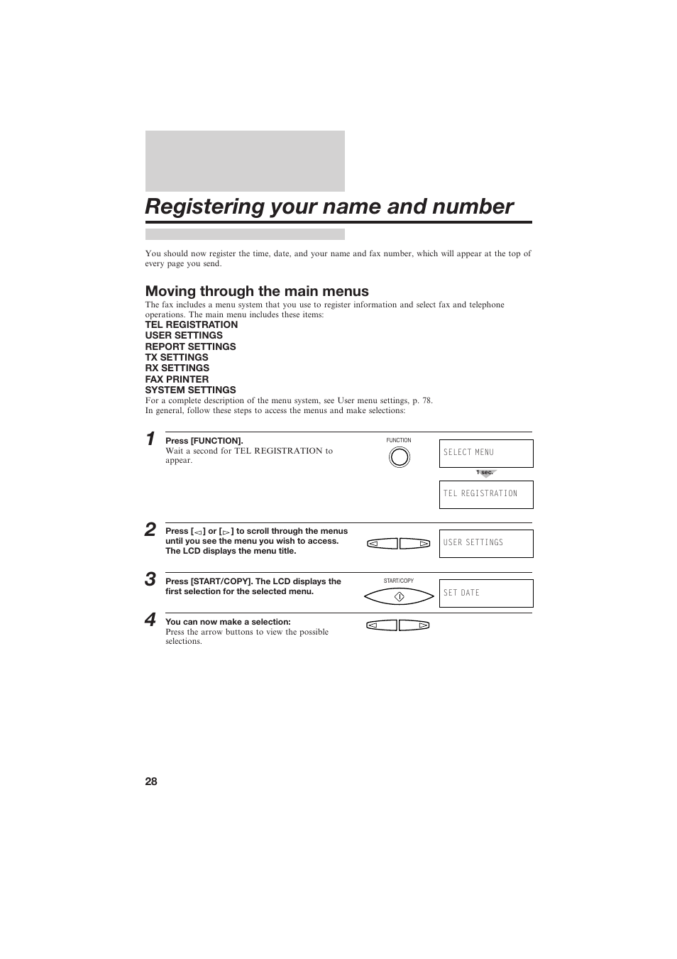 Registering your name and number, Moving through the main menus | Canon B150 User Manual | Page 40 / 138