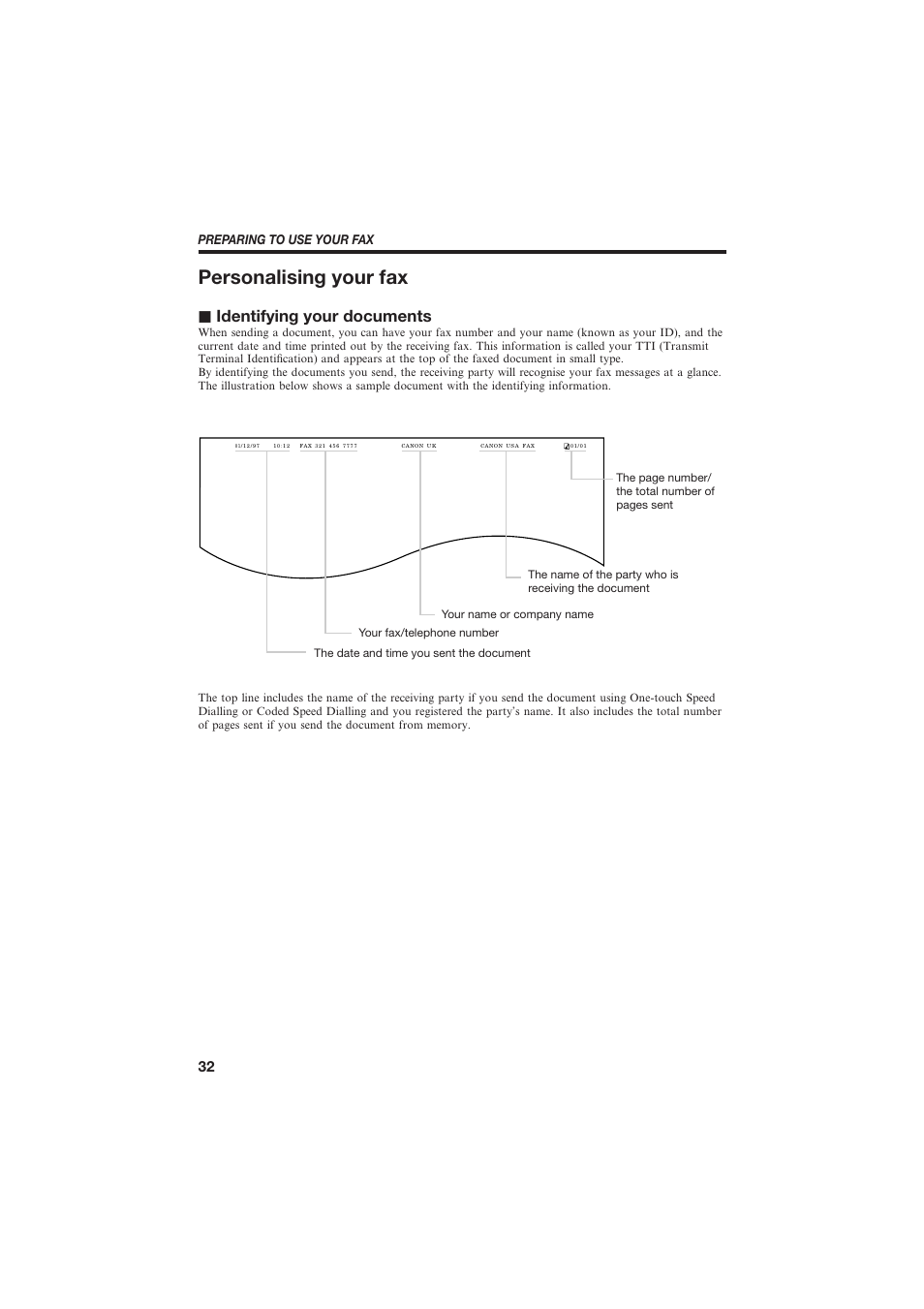 Personalising your fax, J identifying your documents, Preparing to use your fax | Canon B150 User Manual | Page 44 / 138