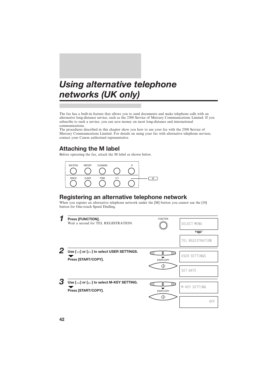 Using alternative telephone networks (uk only), Attaching the m label, Registering an alternative telephone network | Canon B150 User Manual | Page 54 / 138