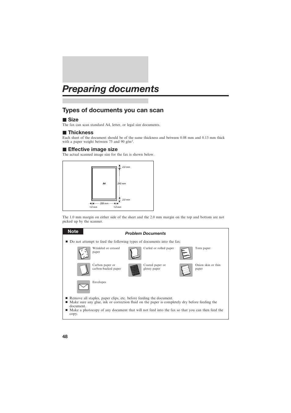 Preparing documents, Types of documents you can scan, J size | J thickness, J effective image size | Canon B150 User Manual | Page 60 / 138