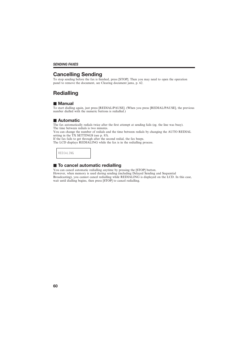 Cancelling sending, Redialling, J manual | J automatic, J to cancel automatic redialling | Canon B150 User Manual | Page 72 / 138