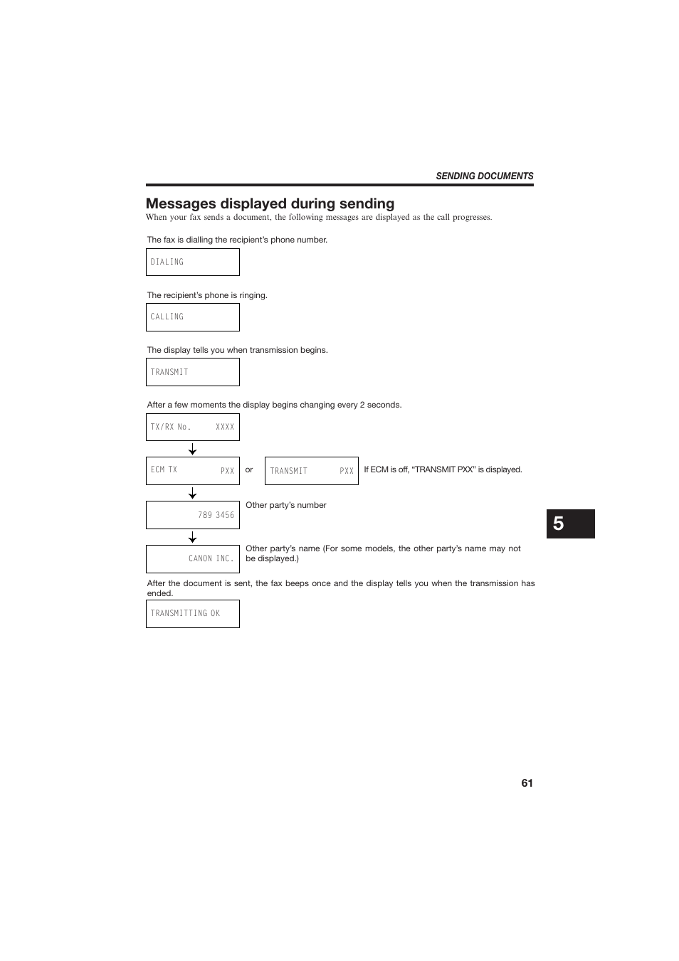 Messages displayed during sending | Canon B150 User Manual | Page 73 / 138