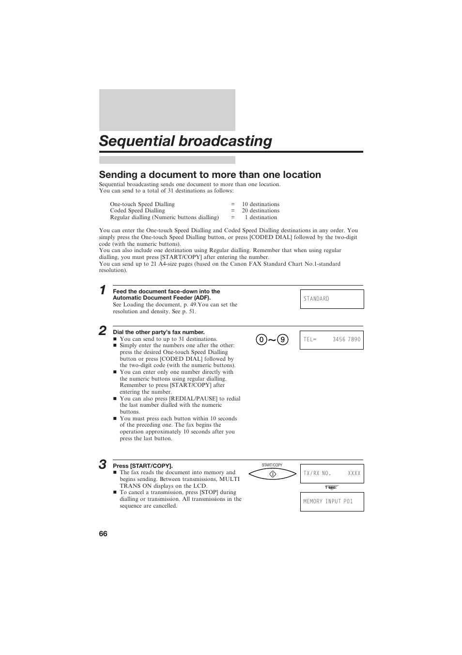 Sequential broadcasting, Sending a document to more than one location | Canon B150 User Manual | Page 78 / 138