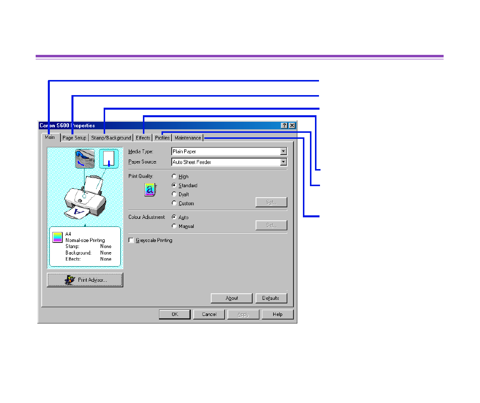 Printer properties dialog box description | Canon BJC S600 User Manual | Page 22 / 191