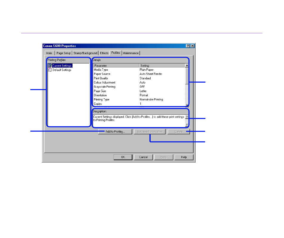 Profiles] properties tab | Canon BJC S600 User Manual | Page 33 / 191