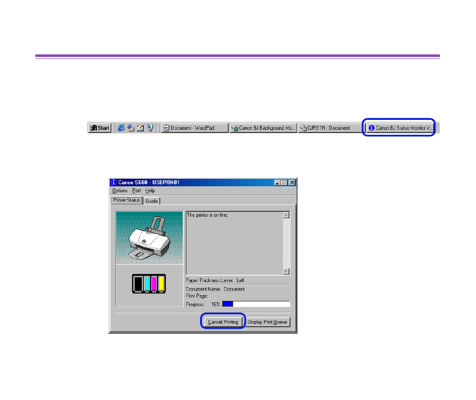 Cancelling a print job | Canon BJC S600 User Manual | Page 40 / 191