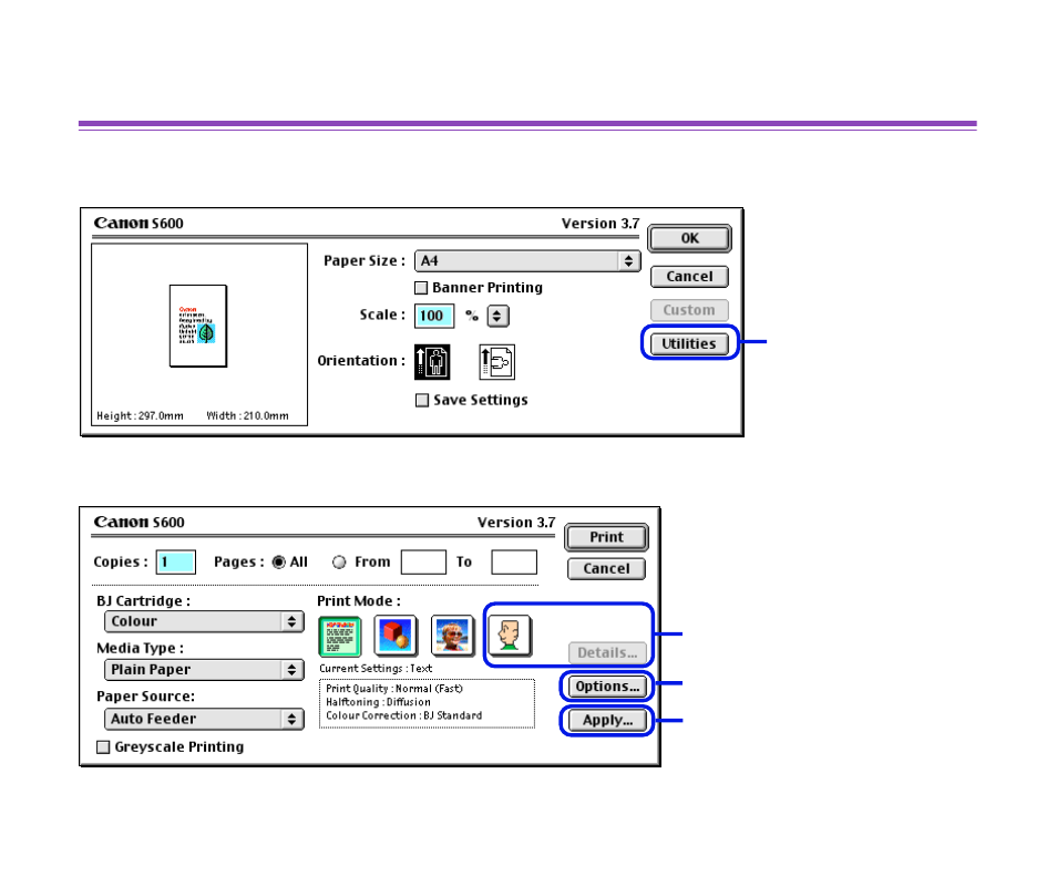 Description of print settings | Canon BJC S600 User Manual | Page 43 / 191