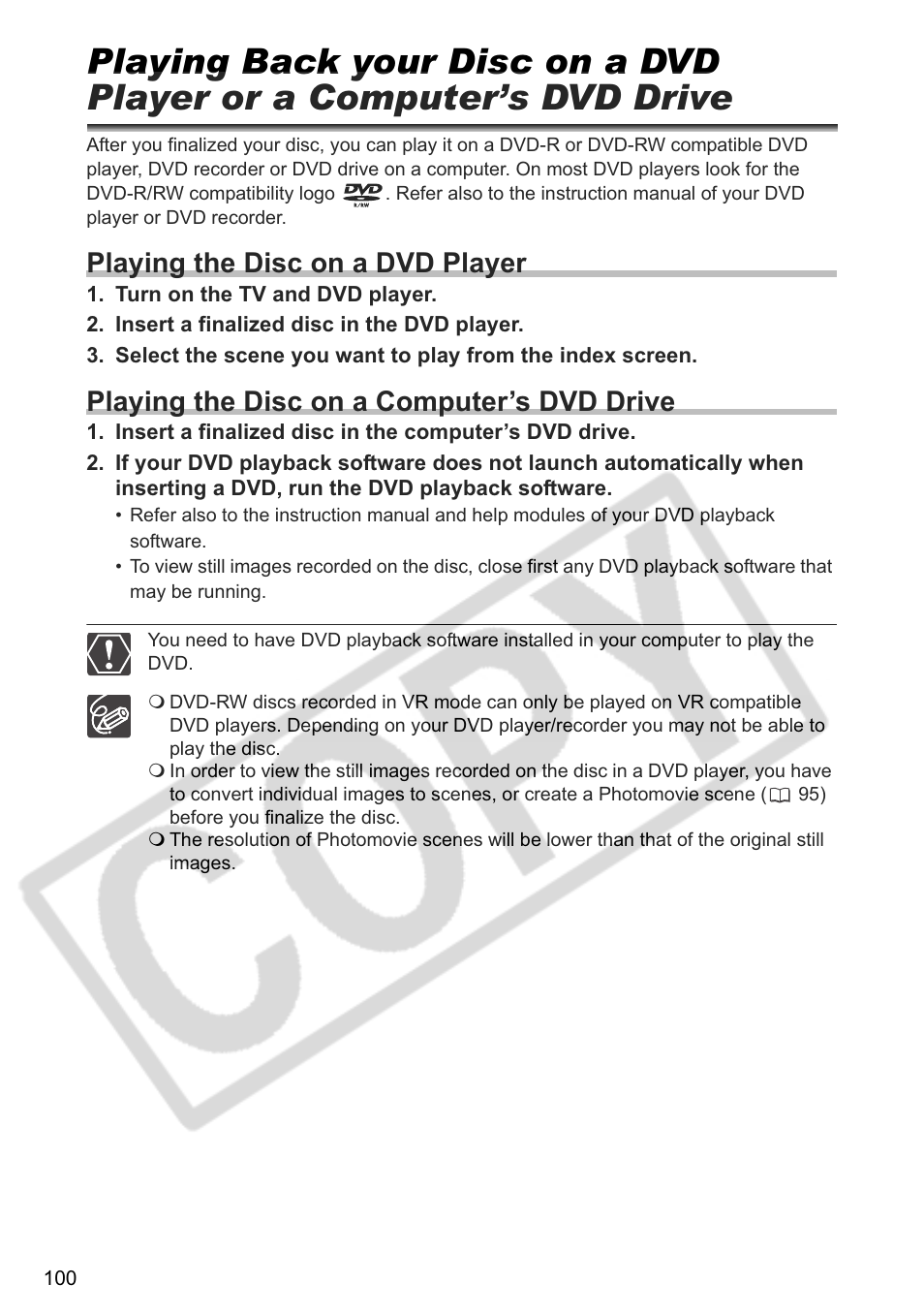 Playing the disc on a dvd player, Playing the disc on a computer’s dvd drive | Canon DC 40 User Manual | Page 100 / 144