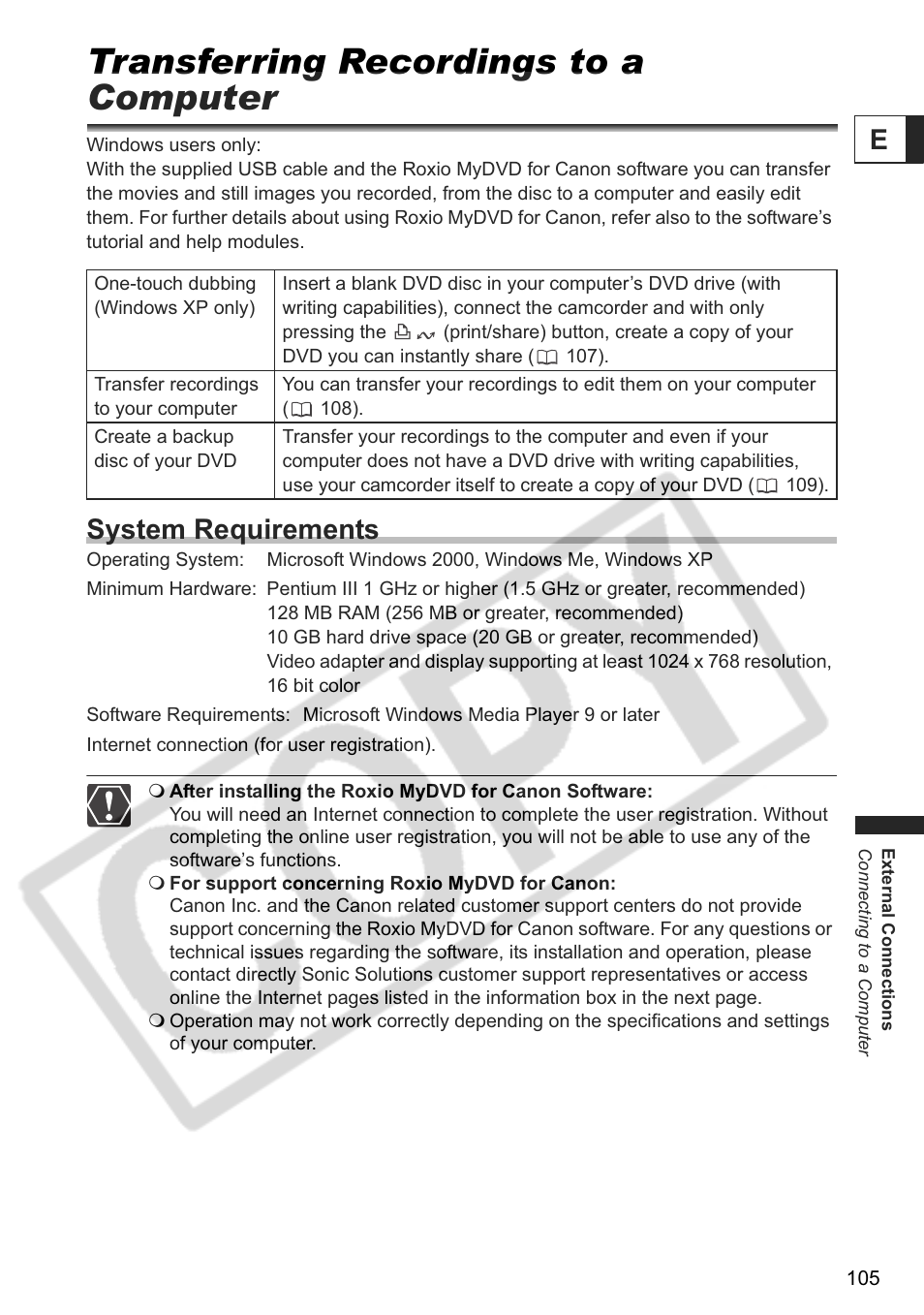 Transferring recordings to a computer, System requirements | Canon DC 40 User Manual | Page 105 / 144