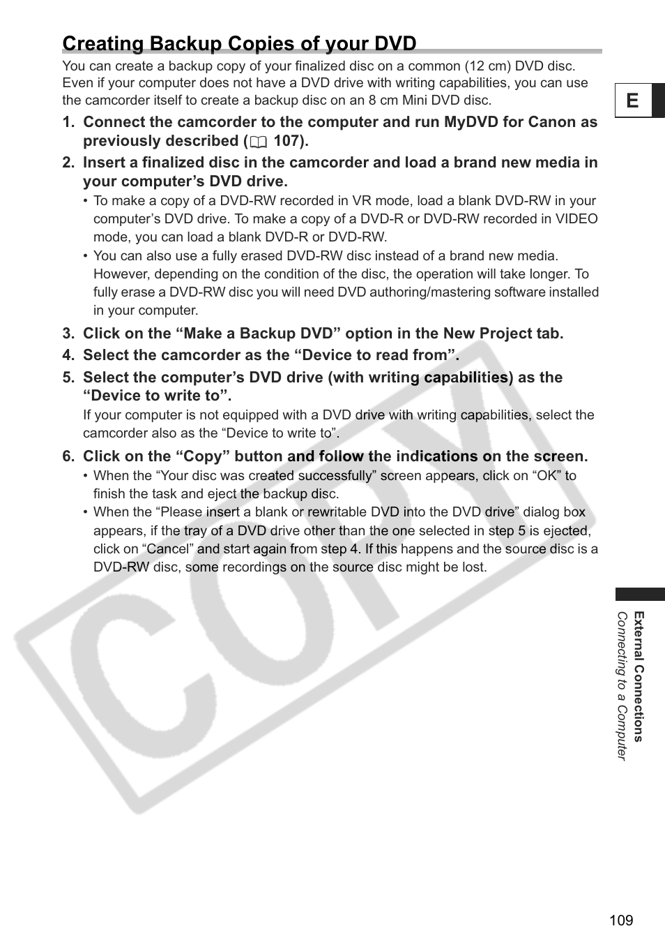 Ecreating backup copies of your dvd | Canon DC 40 User Manual | Page 109 / 144