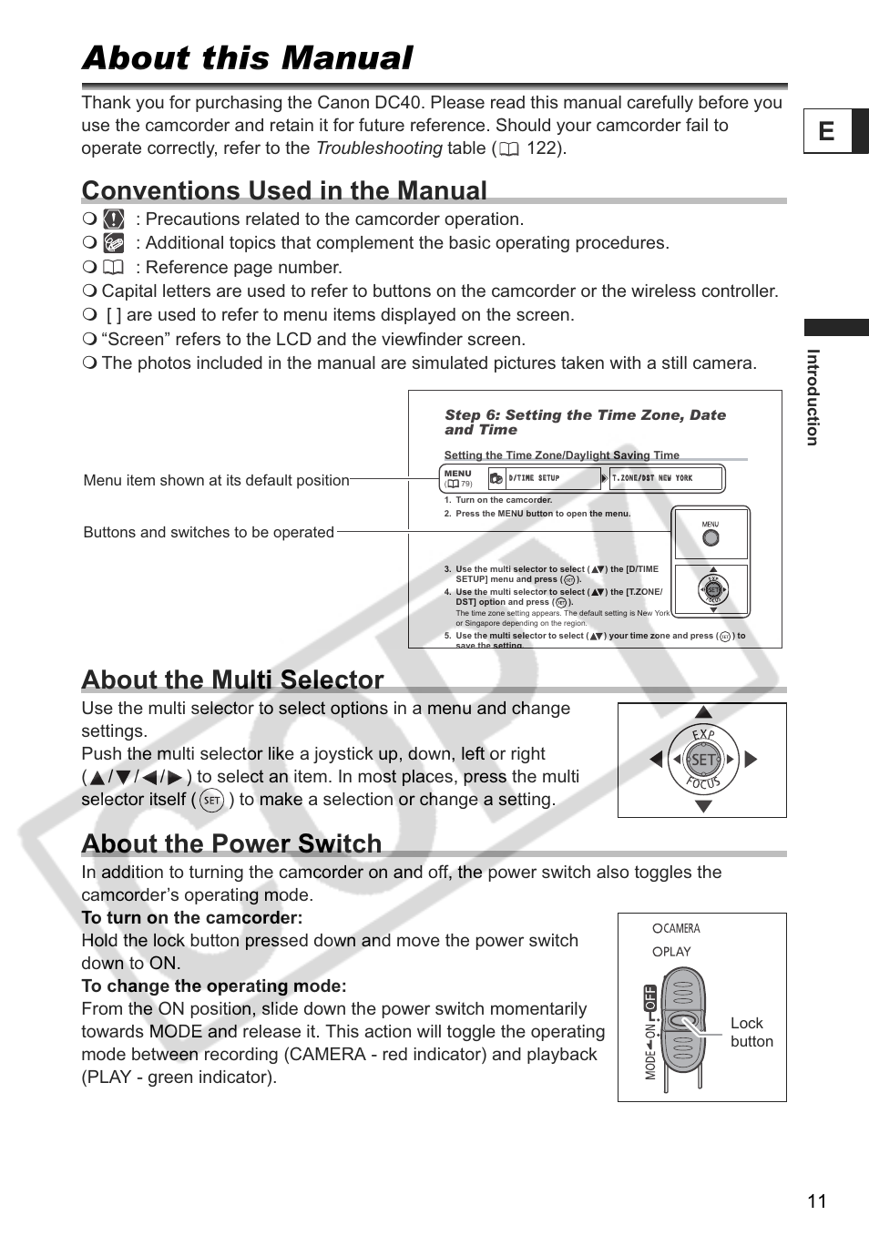 About this manual, Conventions used in the manual, About the multi selector | About the power switch | Canon DC 40 User Manual | Page 11 / 144
