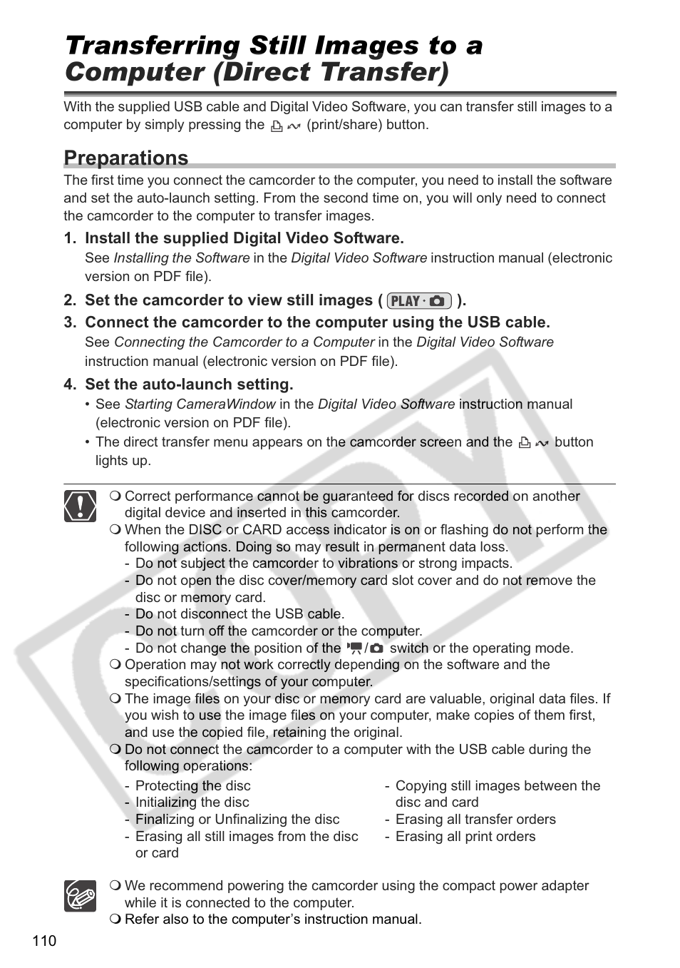 Preparations | Canon DC 40 User Manual | Page 110 / 144