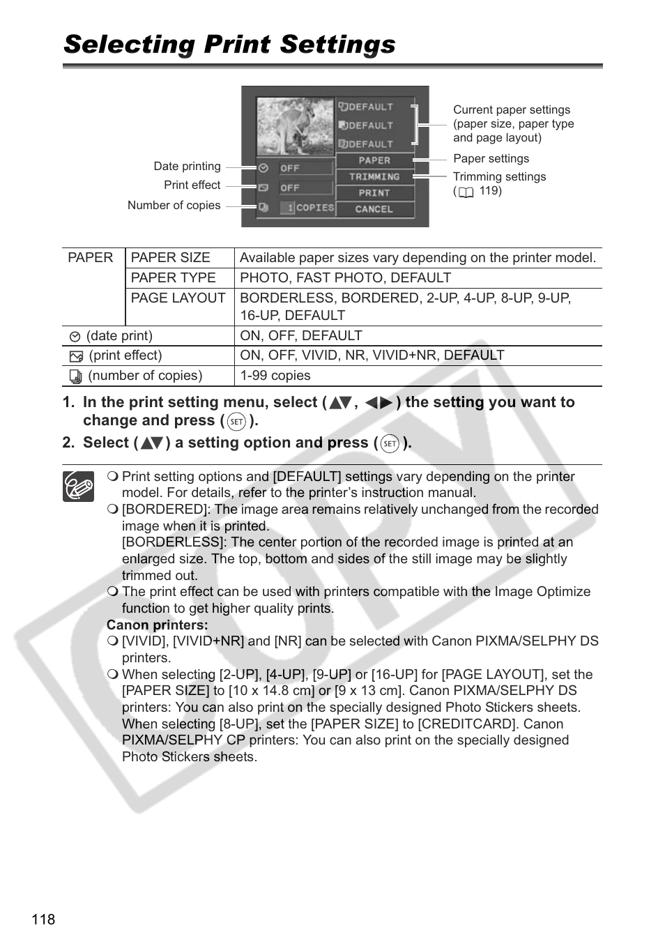 Selecting print settings | Canon DC 40 User Manual | Page 118 / 144