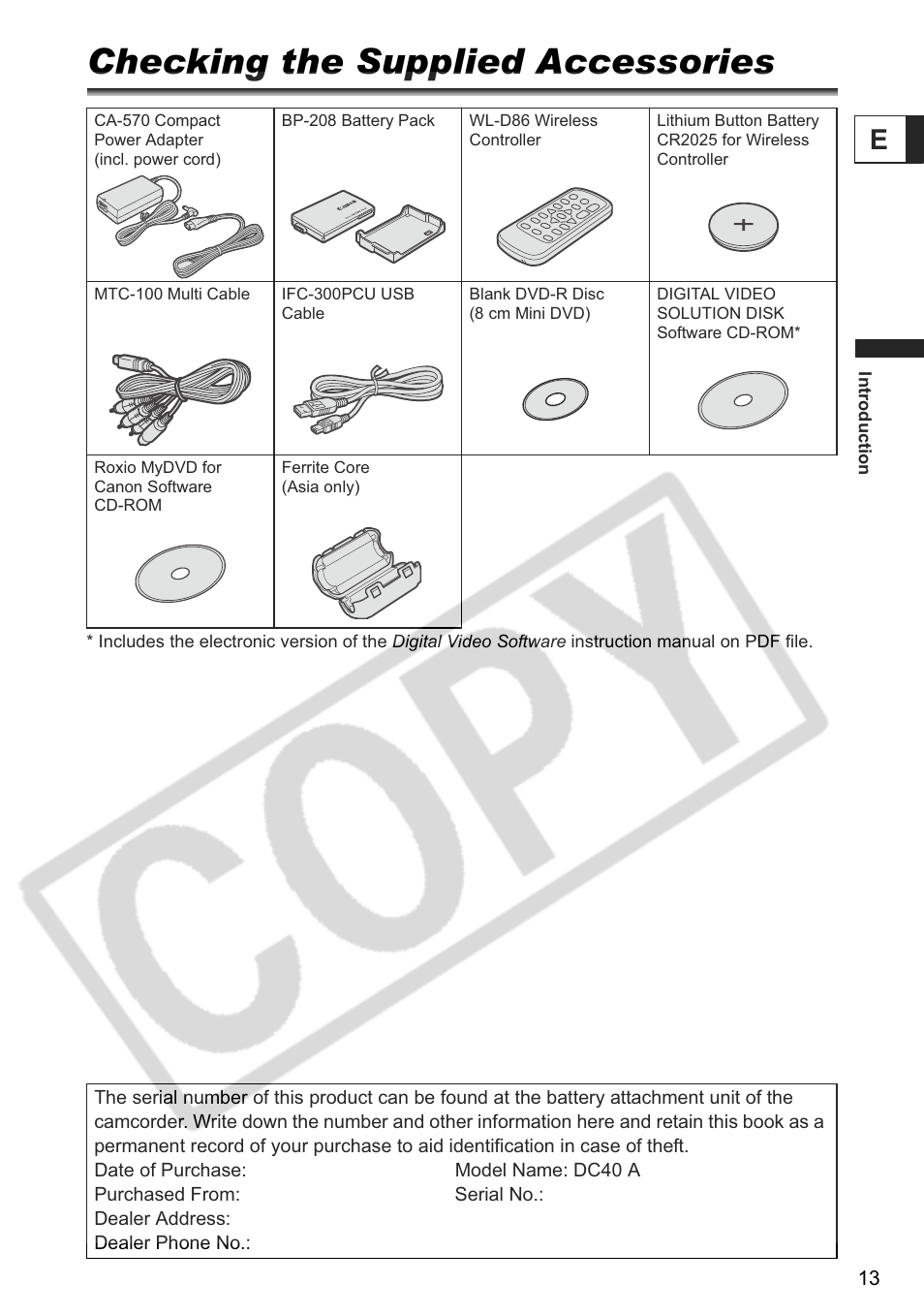 Checking the supplied accessories | Canon DC 40 User Manual | Page 13 / 144