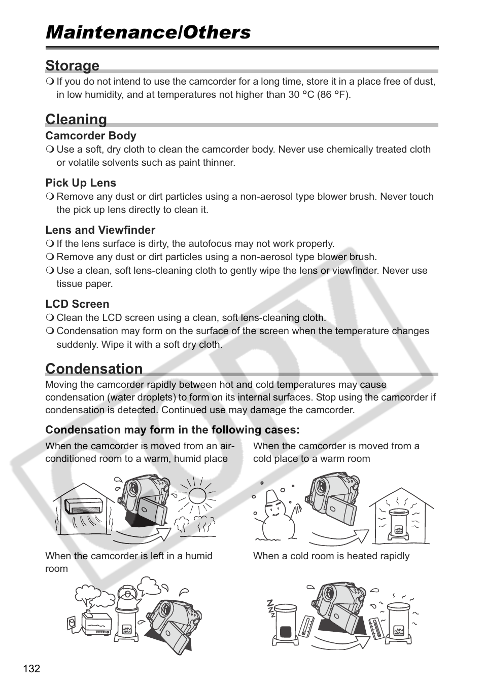 Maintenance/others, Storage, Cleaning | Condensation | Canon DC 40 User Manual | Page 132 / 144