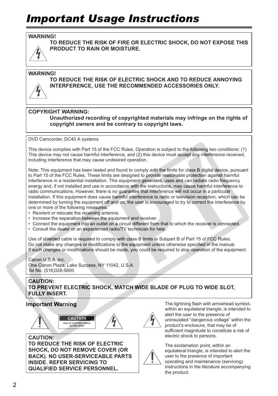 Important usage instructions | Canon DC 40 User Manual | Page 2 / 144