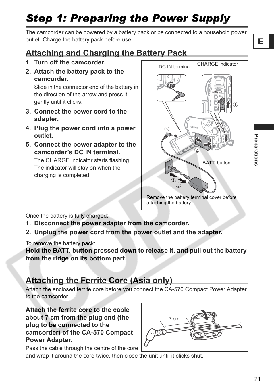 Step 1: preparing the power supply, Attaching and charging the battery pack, Attaching the ferrite core (asia only) | Canon DC 40 User Manual | Page 21 / 144