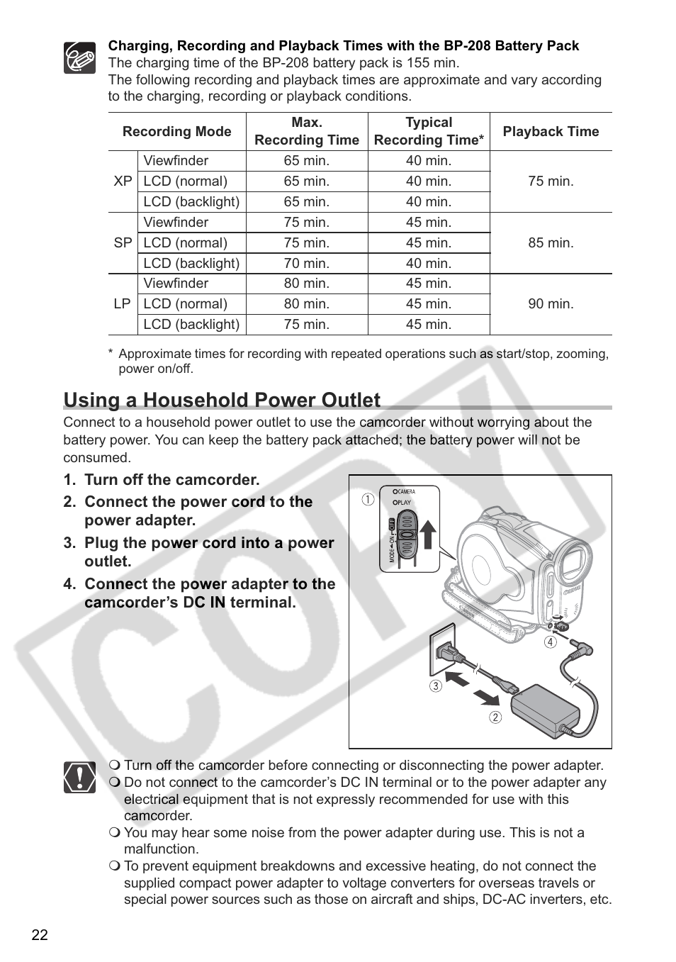 Using a household power outlet | Canon DC 40 User Manual | Page 22 / 144