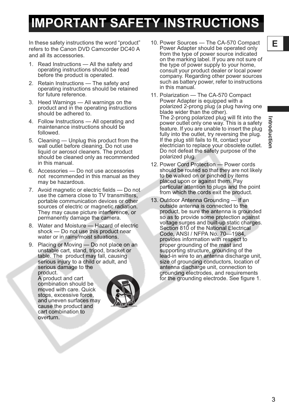 Important safety instructions | Canon DC 40 User Manual | Page 3 / 144