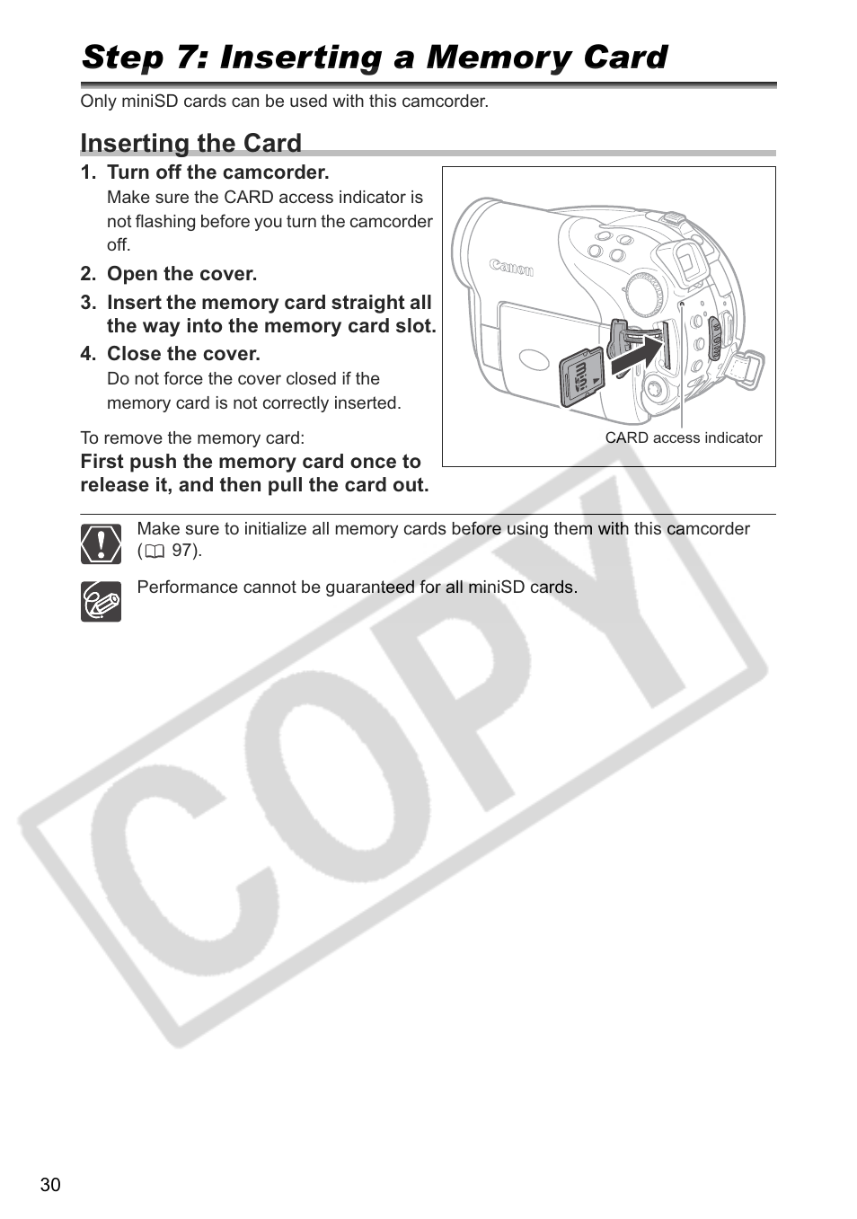 Inserting the card | Canon DC 40 User Manual | Page 30 / 144