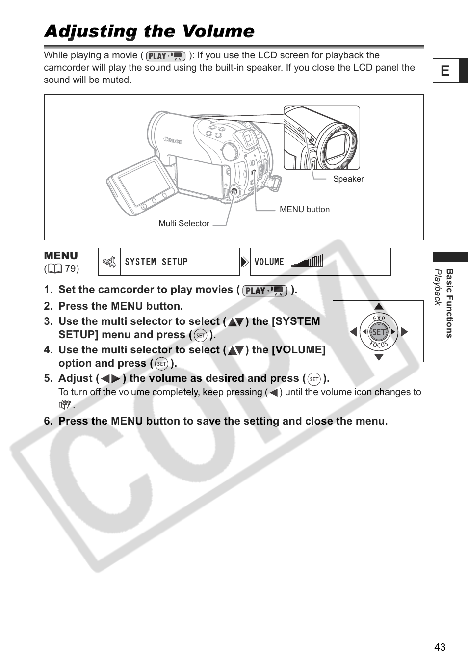 Adjusting the volume | Canon DC 40 User Manual | Page 43 / 144