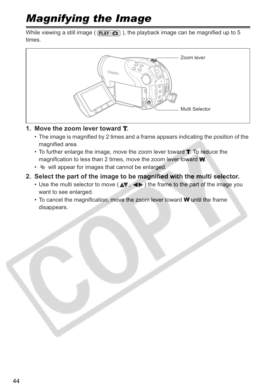 Magnifying the image | Canon DC 40 User Manual | Page 44 / 144