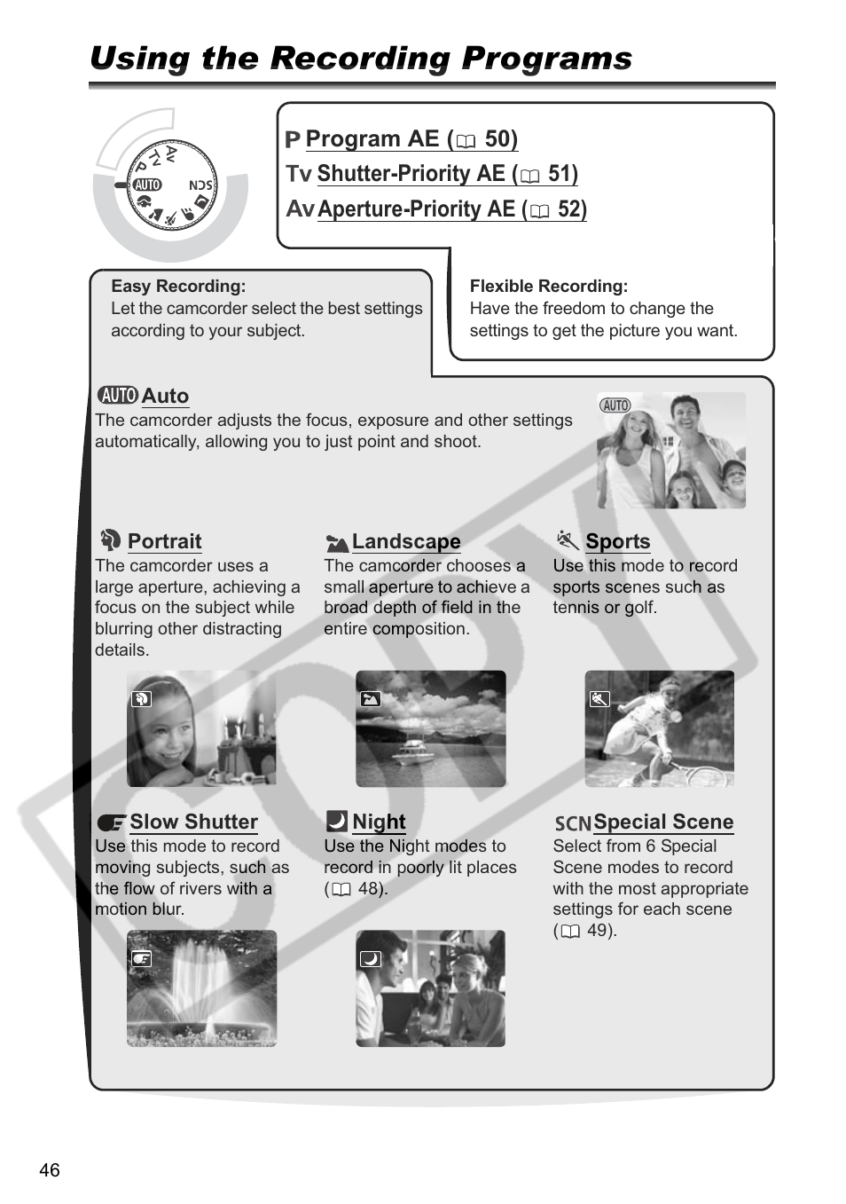 Using the recording programs | Canon DC 40 User Manual | Page 46 / 144