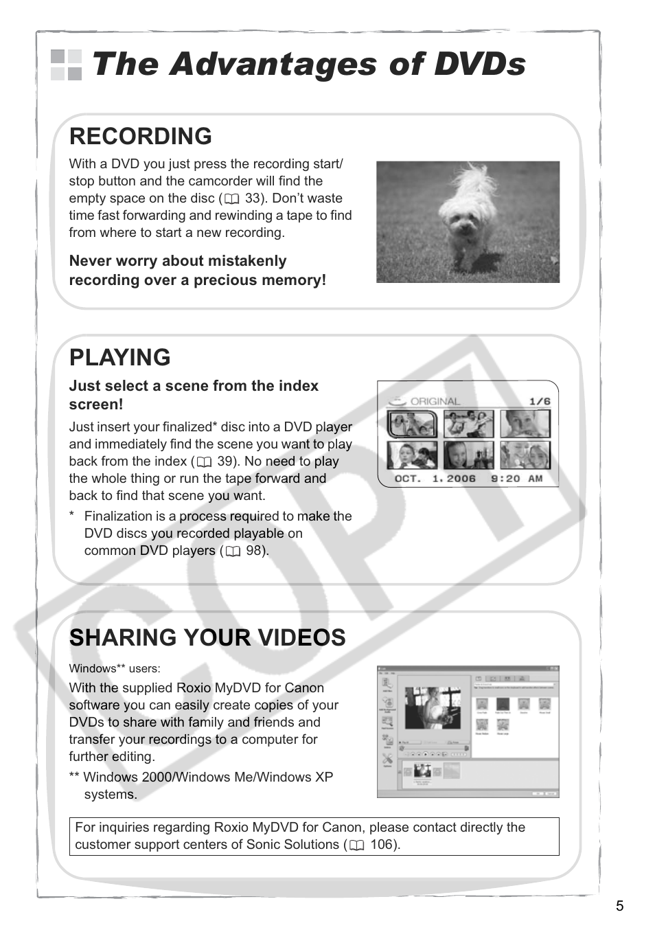 The advantages of dvds, Recording, Playing | Sharing your videos | Canon DC 40 User Manual | Page 5 / 144