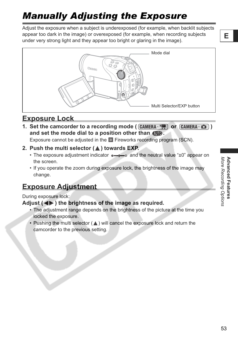 Manually adjusting the exposure, Exposure lock, Exposure adjustment | Canon DC 40 User Manual | Page 53 / 144