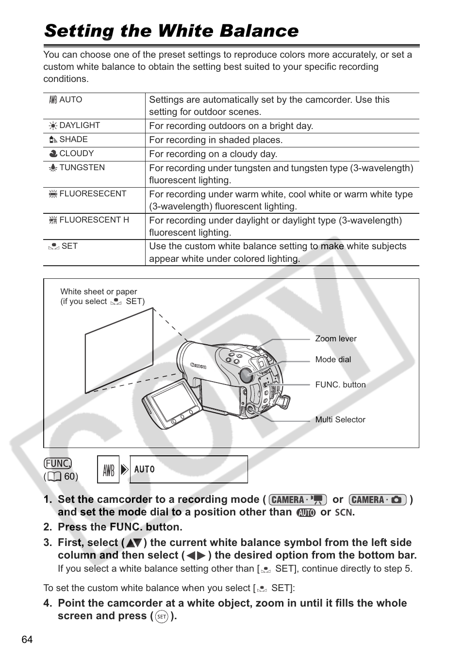 Setting the white balance | Canon DC 40 User Manual | Page 64 / 144