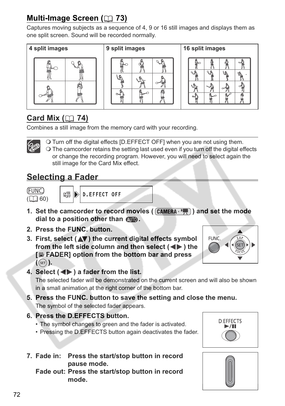 Selecting a fader, Multi-image screen ( 73), Card mix ( 74) | Canon DC 40 User Manual | Page 72 / 144