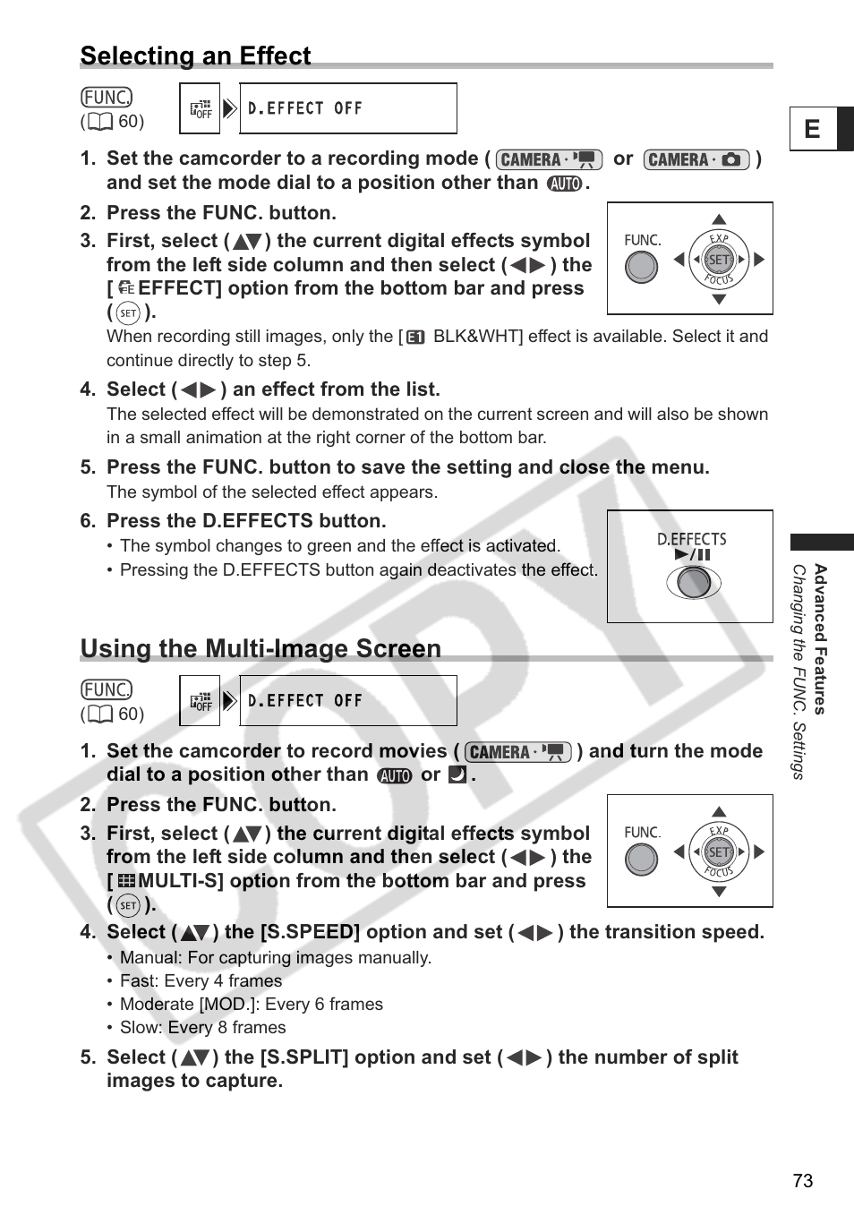 Eselecting an effect, Using the multi-image screen | Canon DC 40 User Manual | Page 73 / 144