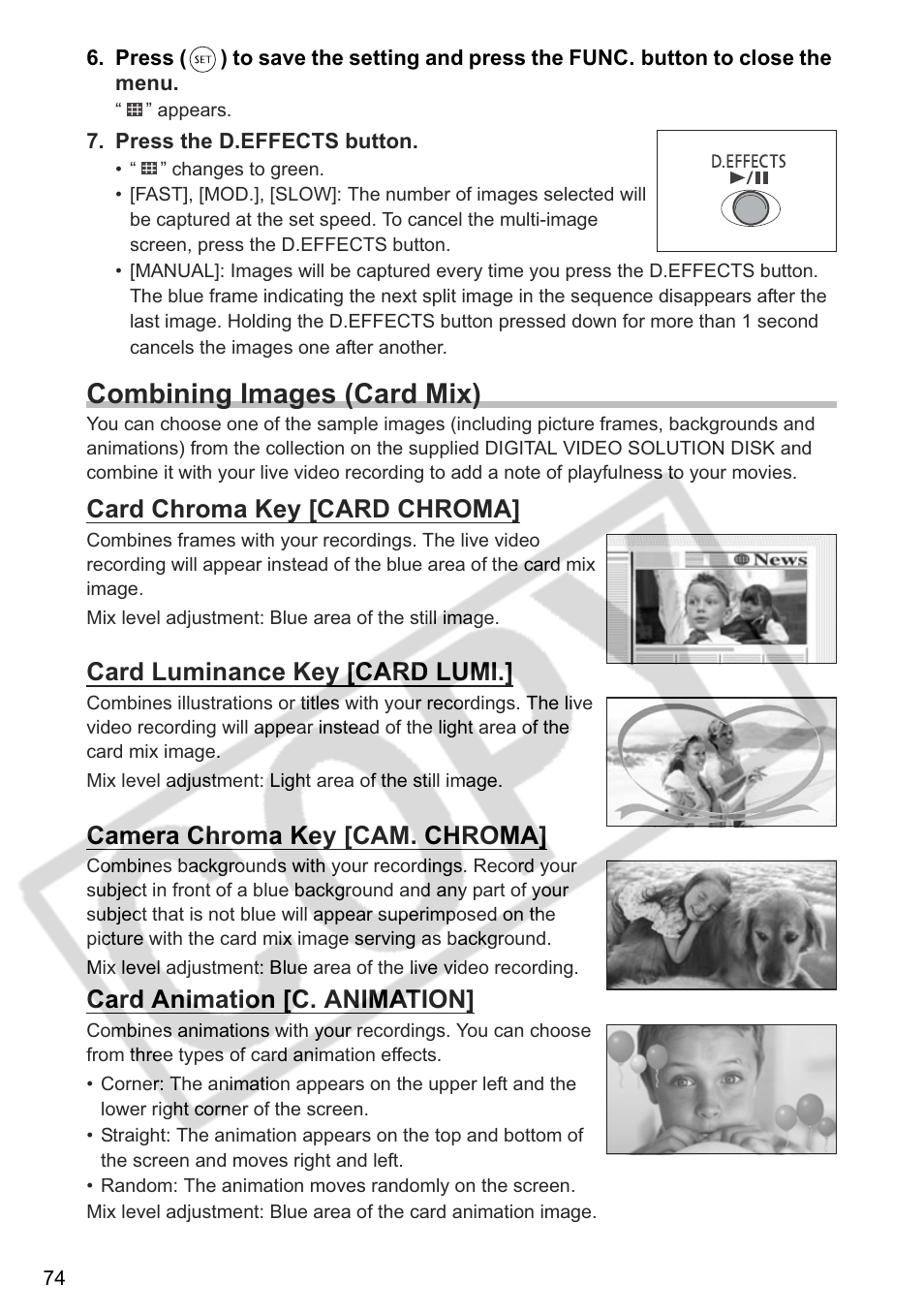 Combining images (card mix), Card chroma key [card chroma, Card luminance key [card lumi | Camera chroma key [cam. chroma, Card animation [c. animation | Canon DC 40 User Manual | Page 74 / 144