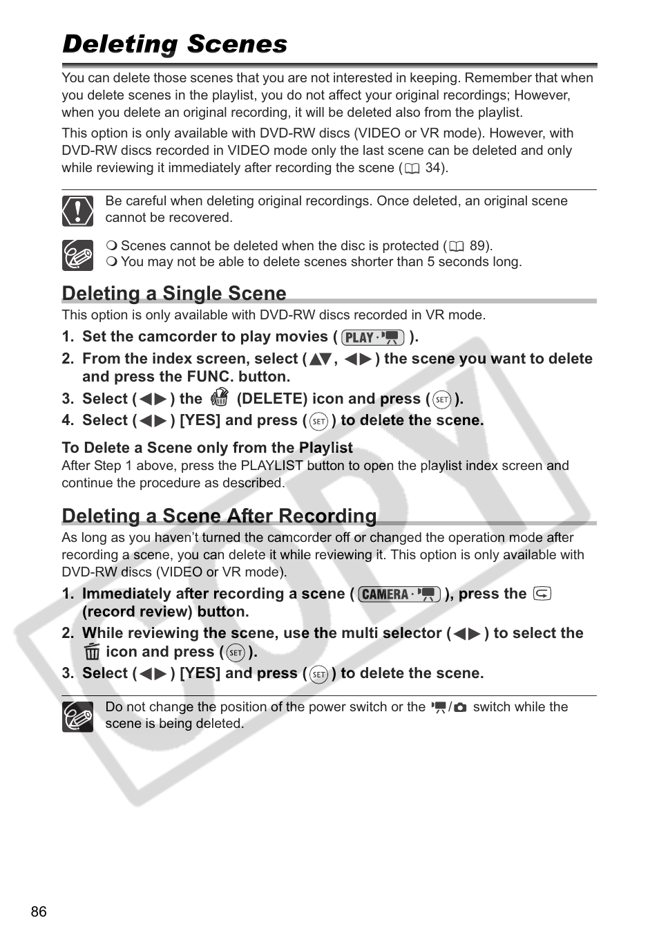 Deleting scenes, Deleting a single scene, Deleting a scene after recording | Canon DC 40 User Manual | Page 86 / 144