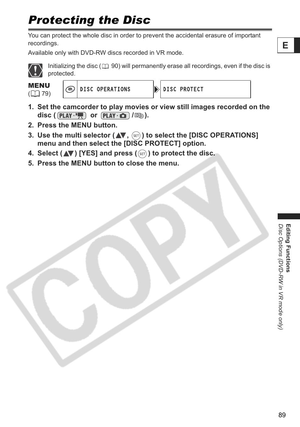 Protecting the disc | Canon DC 40 User Manual | Page 89 / 144