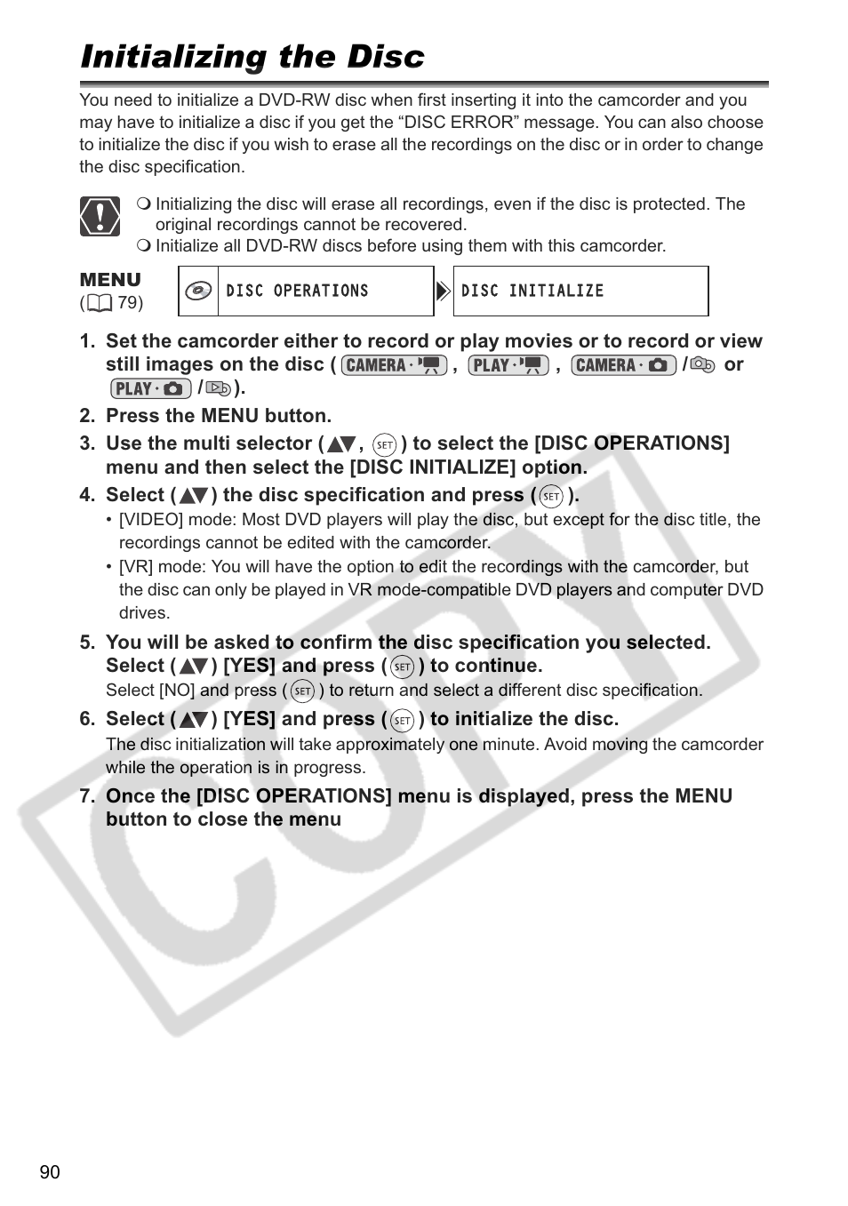 Initializing the disc | Canon DC 40 User Manual | Page 90 / 144