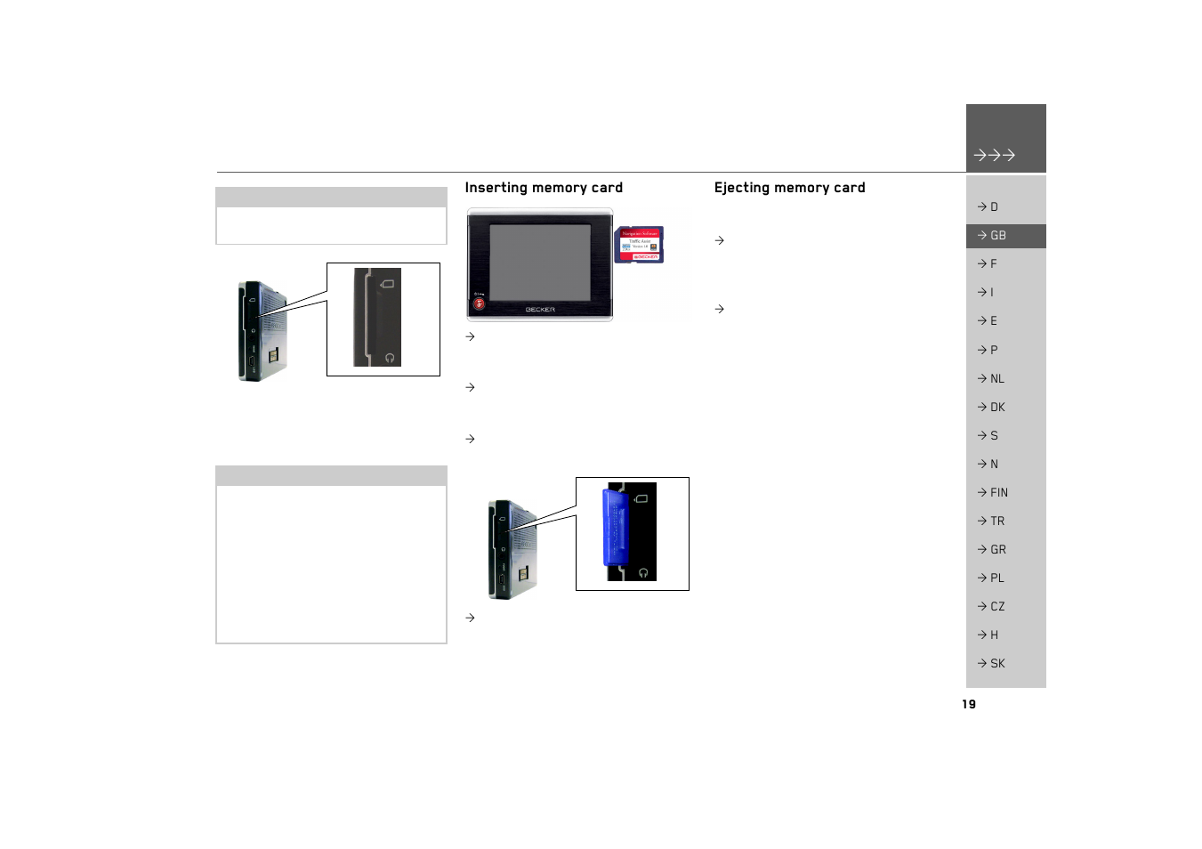 Inserting memory card, Ejecting memory card | Becker TRAFFIC ASSIST 7926 User Manual | Page 19 / 92