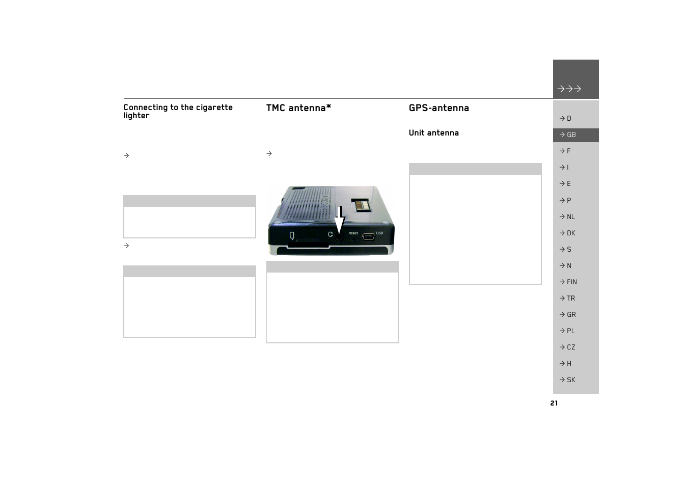 Connecting to the cigarette lighter, Tmc antenna, Gps-antenna | Unit antenna | Becker TRAFFIC ASSIST 7926 User Manual | Page 21 / 92