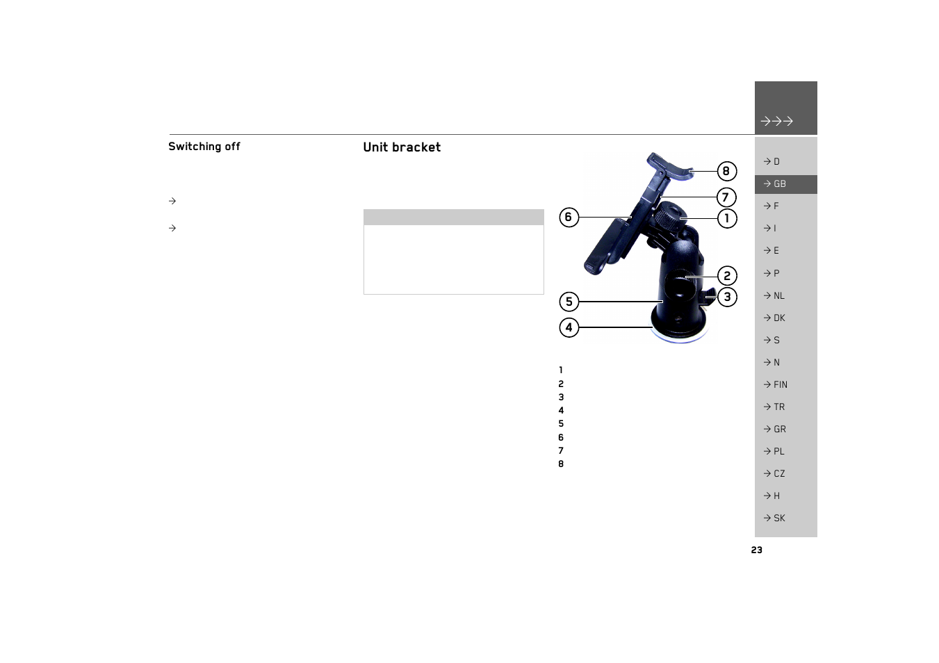 Switching off, Unit bracket | Becker TRAFFIC ASSIST 7926 User Manual | Page 23 / 92