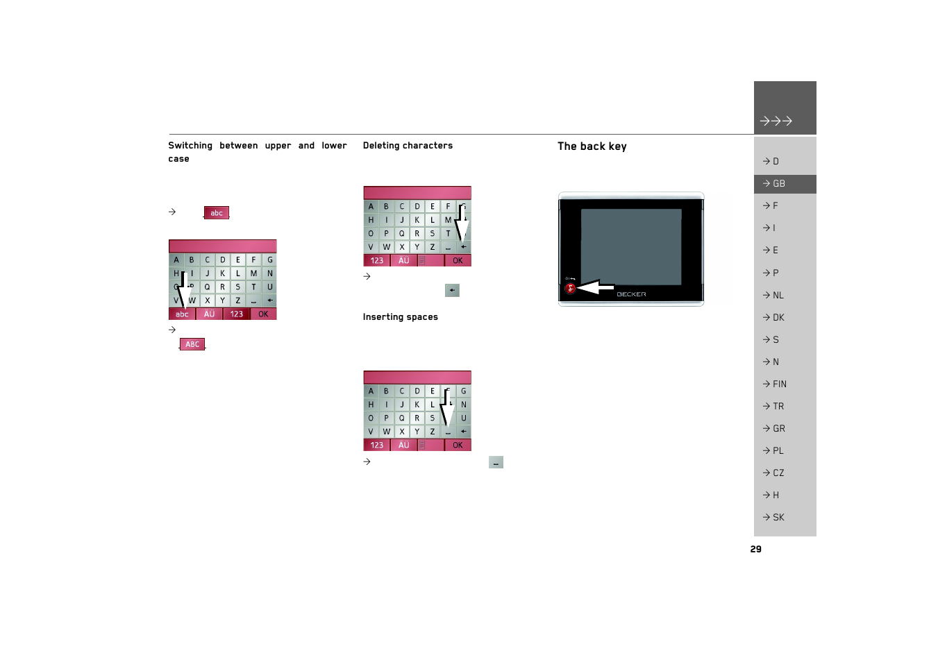 Switching between upper and lower case, Deleting characters, Inserting spaces | The back key | Becker TRAFFIC ASSIST 7926 User Manual | Page 29 / 92