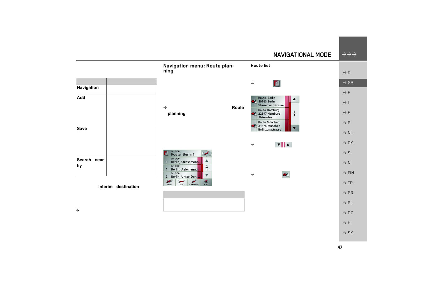 Navigation menu: route planning, Route list, See "navigation menu: route plan | Navigational mode | Becker TRAFFIC ASSIST 7926 User Manual | Page 47 / 92