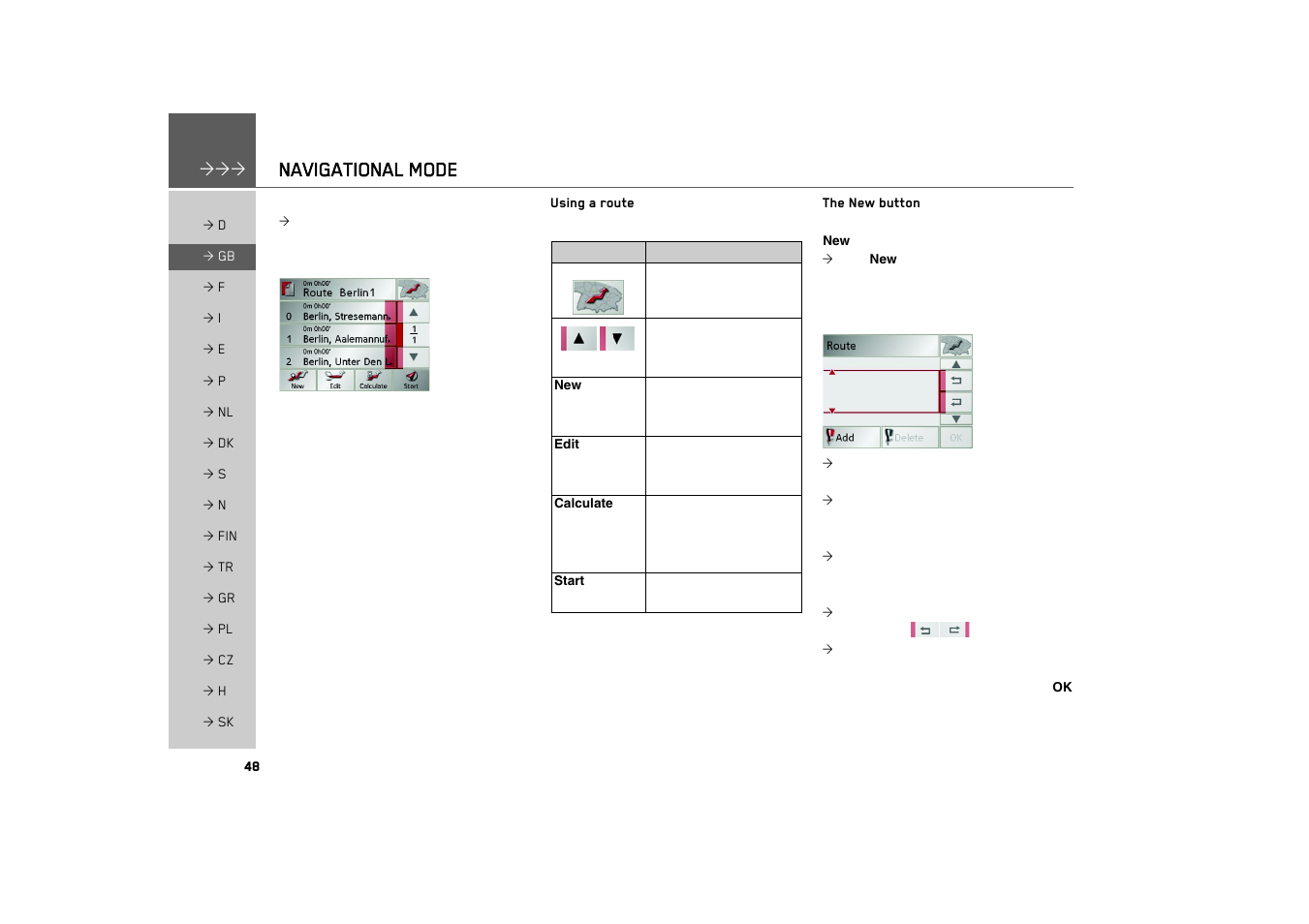 Using a route, The new button, Navigational mode | Becker TRAFFIC ASSIST 7926 User Manual | Page 48 / 92