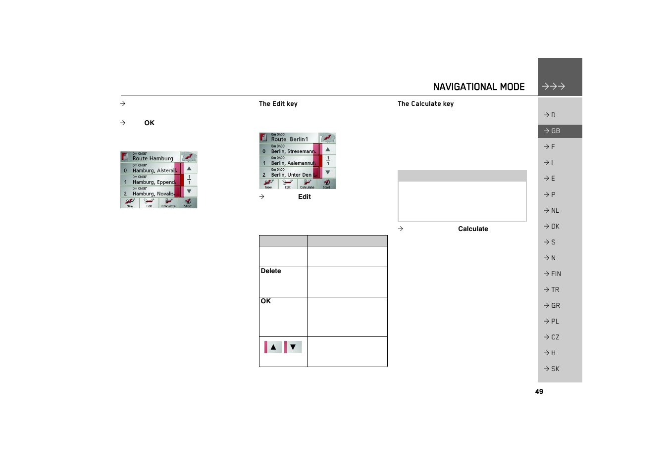 The edit key, The calculate key, Navigational mode | Becker TRAFFIC ASSIST 7926 User Manual | Page 49 / 92
