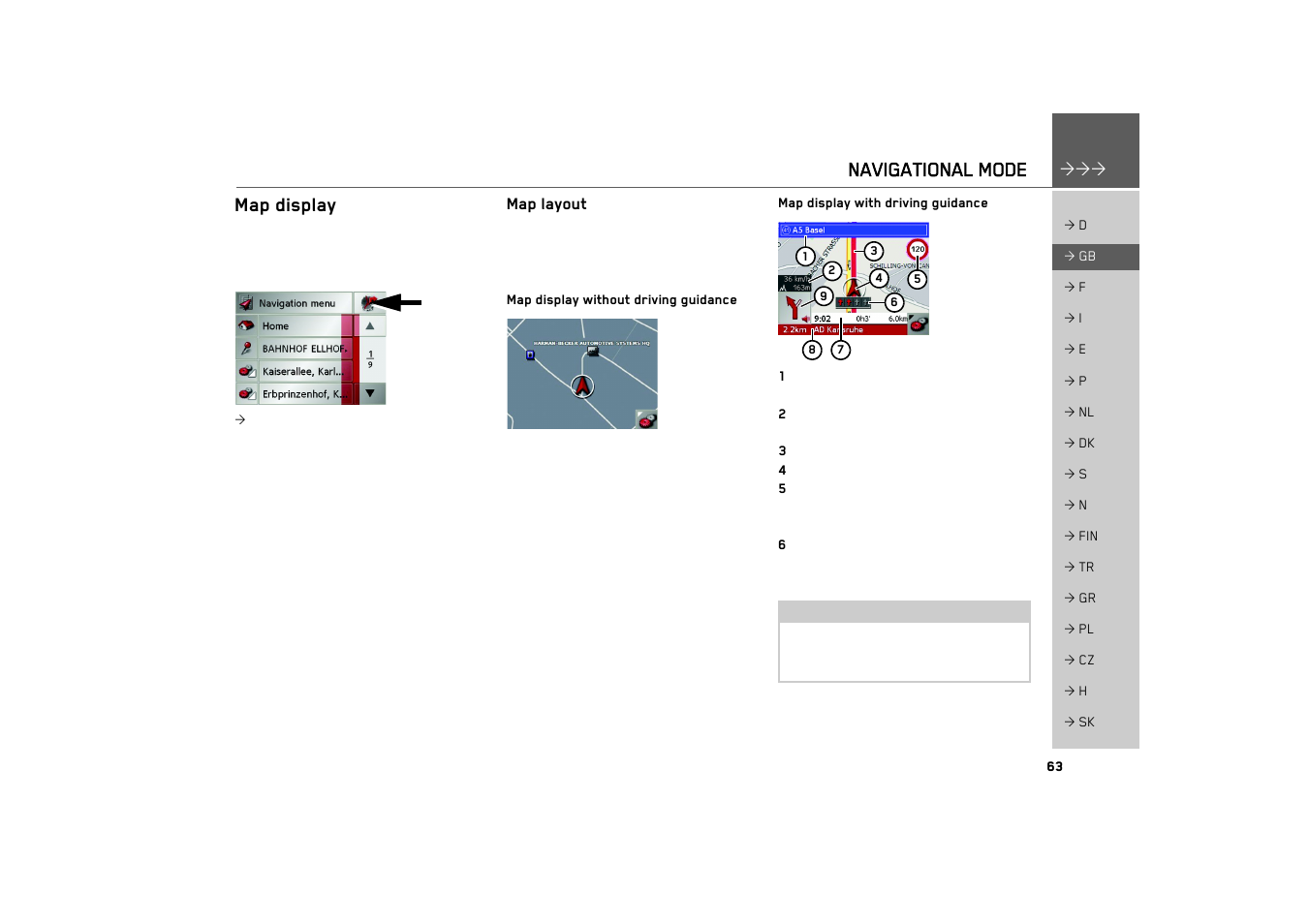 Map display, Map layout, Map display without driving guidance | Map display with driving guidance, Navigational mode | Becker TRAFFIC ASSIST 7926 User Manual | Page 63 / 92