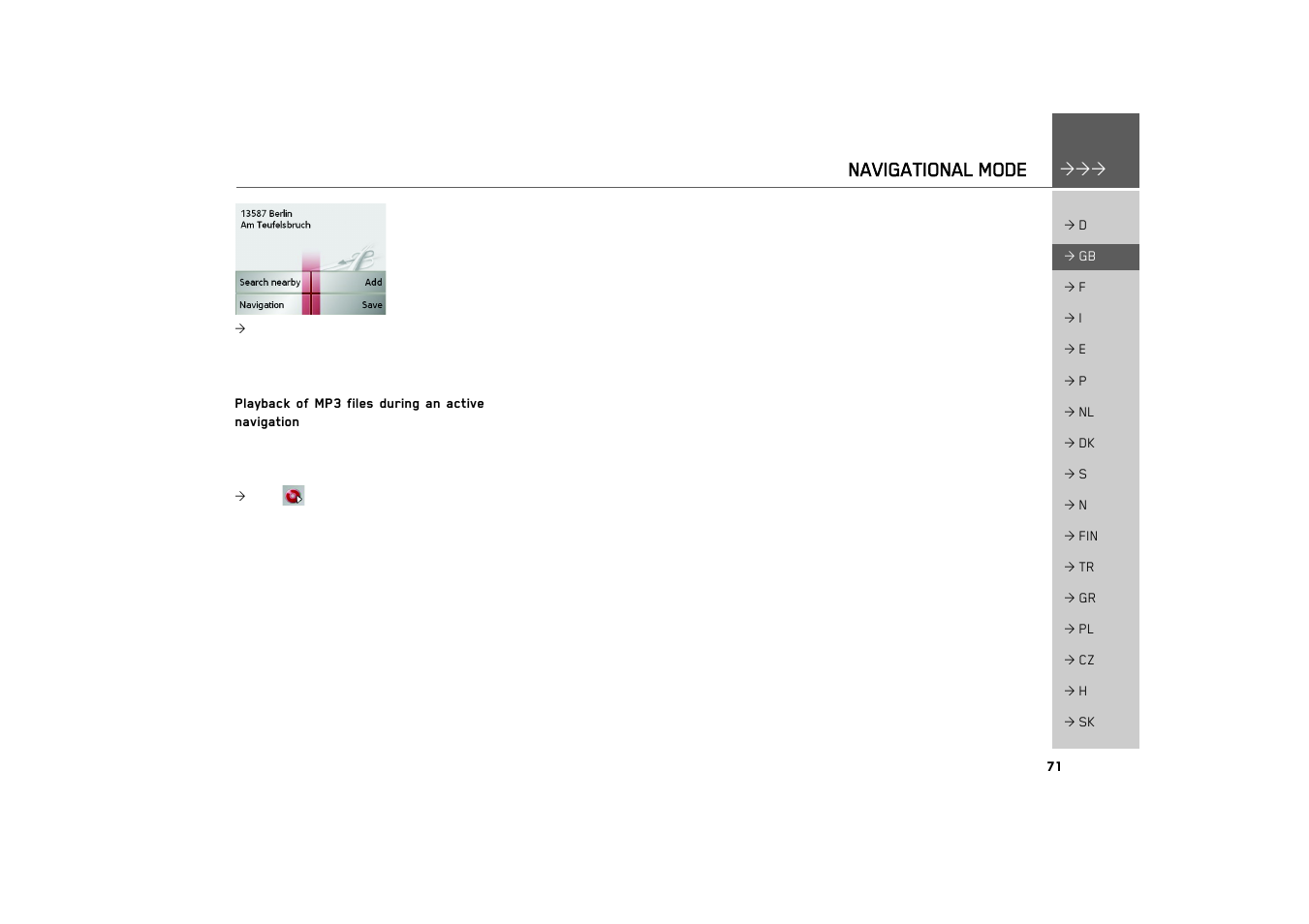 Playback of mp3 files during an active navigation, Navigational mode | Becker TRAFFIC ASSIST 7926 User Manual | Page 71 / 92