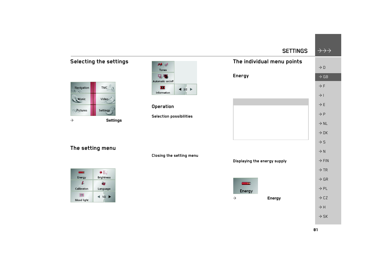 Settings, Selecting the settings, The setting menu | Operation, Selection possibilities, Closing the setting menu, The individual menu points, Energy, Displaying the energy supply | Becker TRAFFIC ASSIST 7926 User Manual | Page 81 / 92