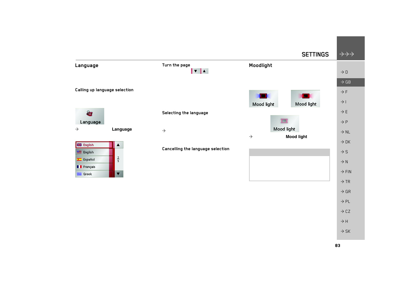 Language, Calling up language selection, Selecting the language | Cancelling the language selection, Moodlight, Settings | Becker TRAFFIC ASSIST 7926 User Manual | Page 83 / 92